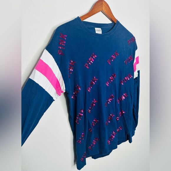 VS Pink Womens Sequin Bling Logo Long Sleeve Shirt Blue Pink X-Small - Picture 2 of 7